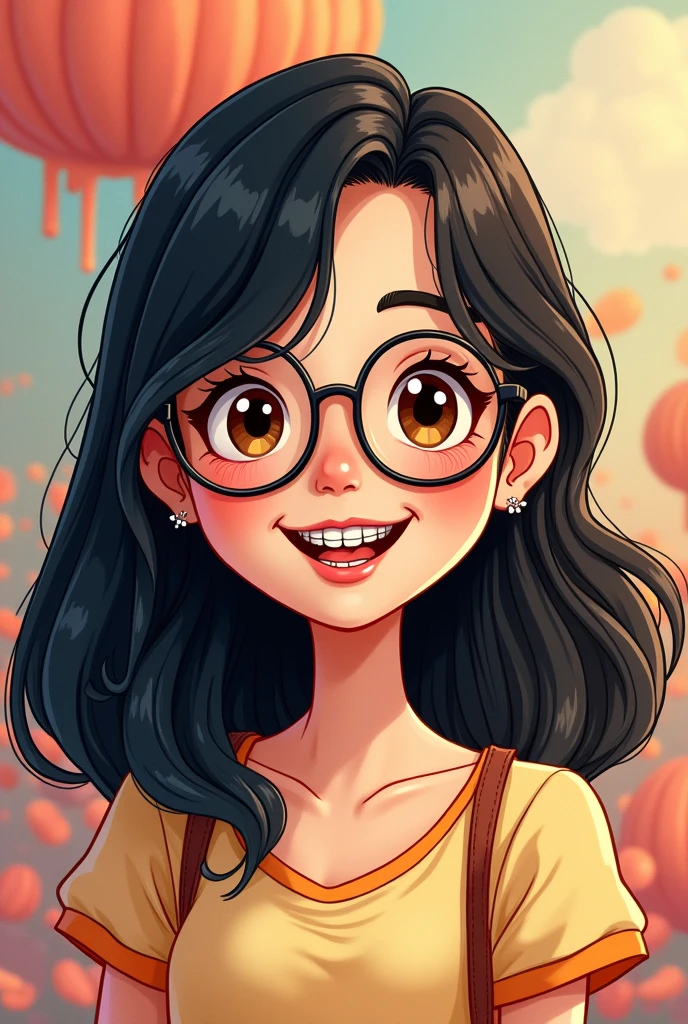 Create a cartoon character with my girlfriend's characteristics:
Woman Medium Hair, black and smooth Small nose Chin tucked in Wears braces on teeth Dark brown eyes Wears glasses