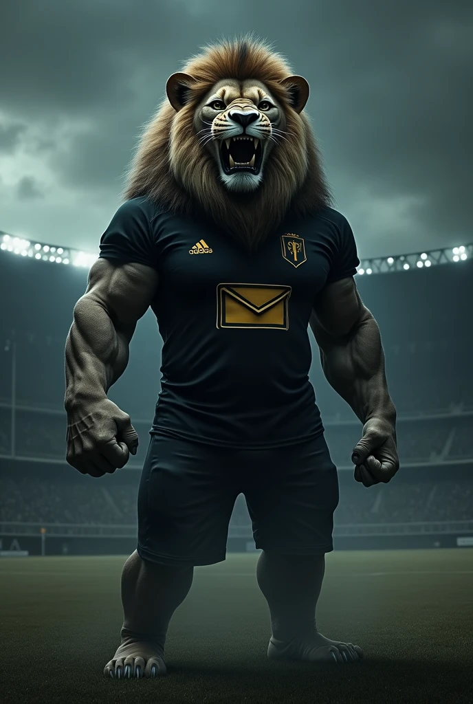 A great lion, very strong, standing as if he were human, stark, Jumpy face, snarling, showing teeth, Jumpy, around one of the lions' The lion wears a black and gold shirt and on the right chest a gold envelope logo with a black outline.. Background of a football field at night , Void, grimdark.