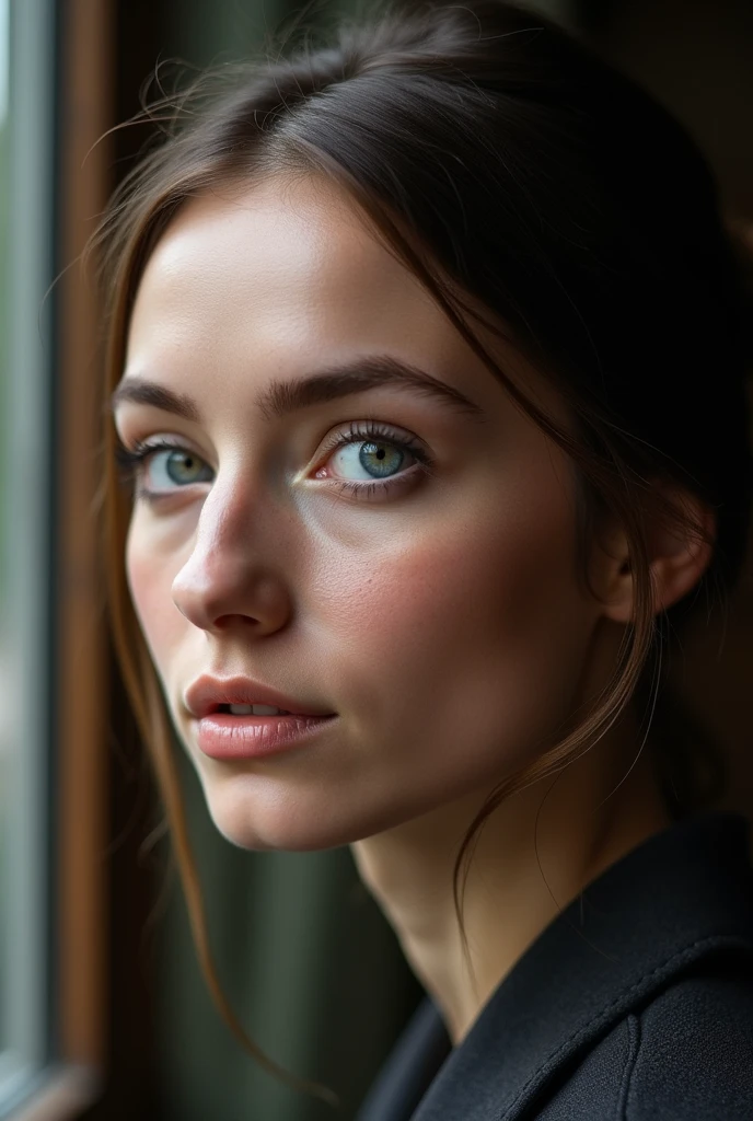 Zofia Nowacka, A portrait shot frames the subject's oval-shaped face with soft, natural lighting accentuating her features. The camera is positioned slightly above eye level, capturing a profile view of her well-defined jawline and pointed chin. Her medium-height forehead and medium-density eyebrows guide attention to her striking blue eyes, almond-shaped and measuring 3 cm by 1.2 cm. Long eyelashes add depth, while the overall composition evokes a sense of serenity.