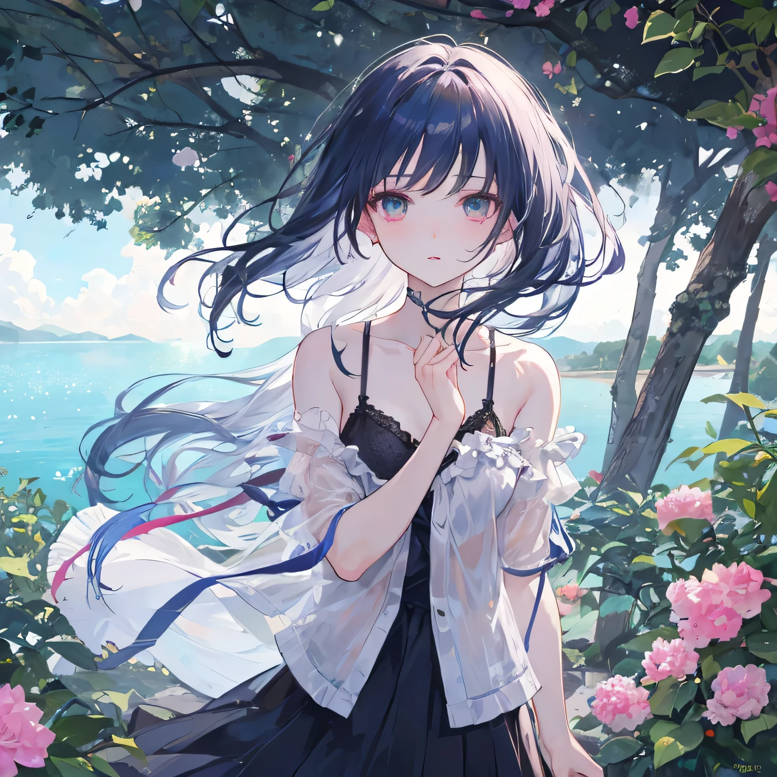 Beautiful woman, cute, A dignified expression, Transparency, gem, long hair, lingerie, skirt, Black Hair, Blue Hair, Silver Hair, fruits, flower,Cool, null, lake, The wind is blowing, Gradient Hair, First Person View, Ray Tracing, reflected light, Anime Style, masterpiece, Highest quality, Anatomically correct, Accurate, Super Detail, UHigh resolution, High resolution, Pink Lips, A slender, feminine face, White skin