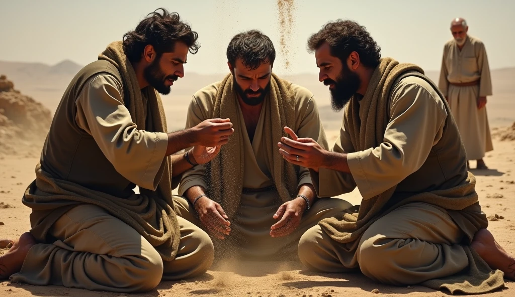 A solemn scene depicting three men crying out in grief. They are shown tearing their clothes and sprinkling dust over their heads in mourning. They then sit on the ground beside their friend, who is sitting in the center, deeply sorrowful. The background is a desolate landscape, emphasizing the weight of the moment. The men sit silently, sharing in their friend's suffering, their expressions filled with empathy and sorrow, reflecting the deep connection and support they offer during this time of intense mourning. jo um homem idoso esta ao fundo da imagem desfocado 
