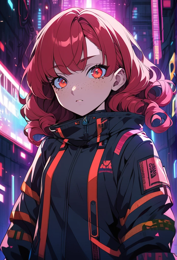 A girl, red hair, curly hair, ray eyes, jacket, cyberpunk background, anime style, freckles, small breast