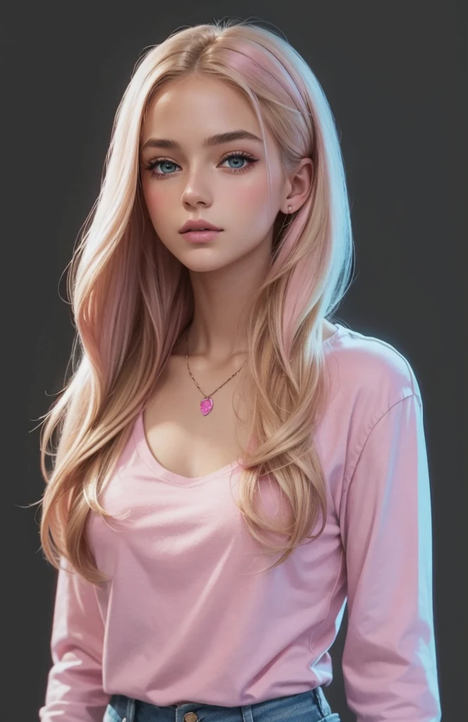 beautiful illustration, ultra-detailed, masterpiece, beautiful girl, pink shirt with glitter, simple blue skinny jeans, blond hair, realistic, european