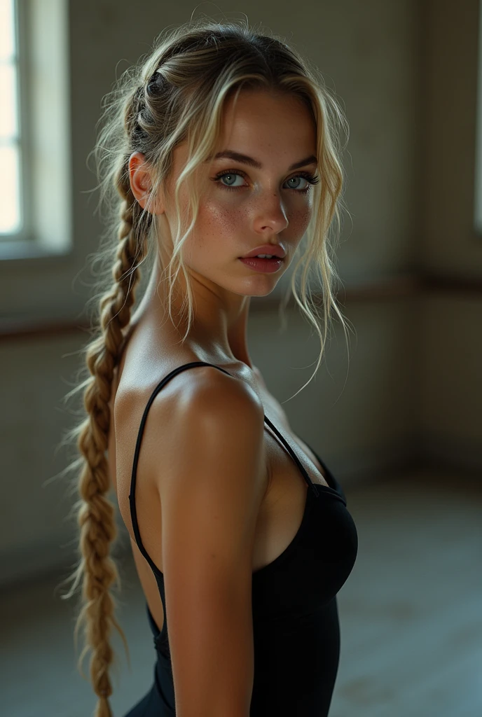 Ein Mädchen 18 Jahre alt lange blonde geflochtene Zöpfe sehr dünn tut Kale Ballett, unclothed,Full Bust ,tetas grandes,Stained makeup,course de maquillage,Perfect lips, black lip pen, croisillons, freckled,Big eyes,blue eye,transpiration, transpire abondamment,wet,very detailed, best quality, extremely detailed face, Perfect lightning, Dance studio, backdrop, sexually, erotic, unique, 4K, head of'oeuvre, Kale