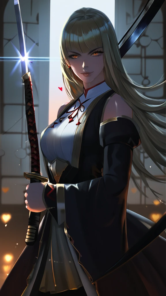 girl with long yellow hair, orange eyes, naughty face, shiny skin, sweating, holding sword, looking at viewer, floating hair, sunset, katana, rage pose condition aura, best quality, 8k, masterpiece, extremely detailed, photorealistic, cinematic lighting, vibrant colors, intricate details, solo, 1 girl, bare shoulders, detached sleeves, long sleeves, medium breasts, perfect anatomy, hearts, pleasured expression