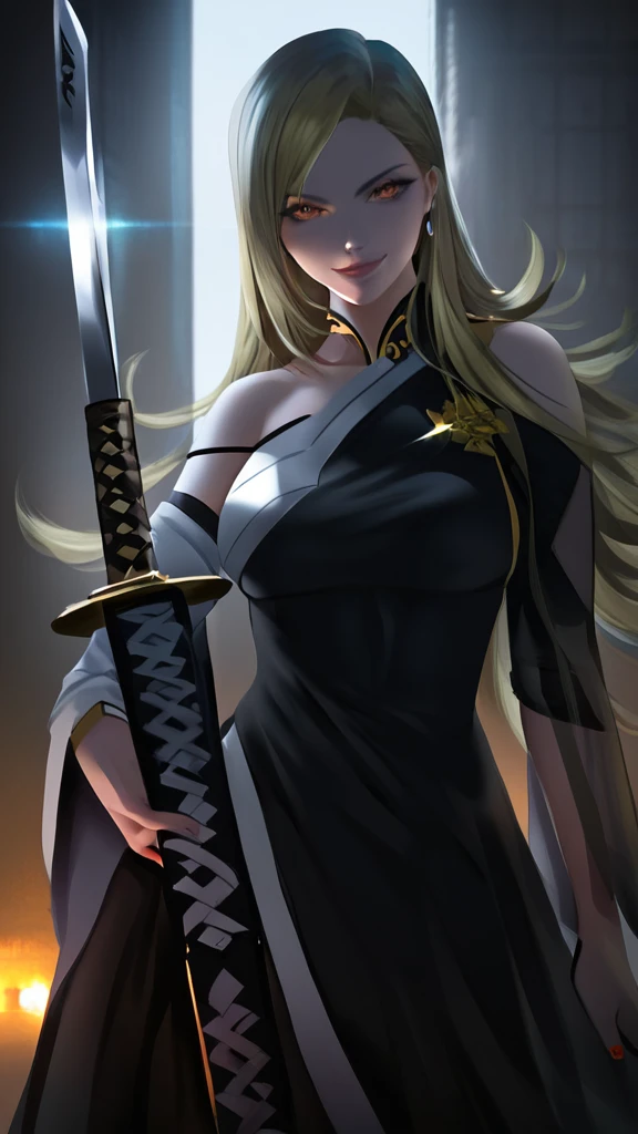 girl with long yellow hair, orange eyes, naughty face, shiny skin, sweating, holding sword, looking at viewer, floating hair, sunset, katana, rage pose condition aura, best quality, 8k, masterpiece, extremely detailed, photorealistic, cinematic lighting, vibrant colors, intricate details, solo, 1 girl, bare shoulders, detached sleeves, long sleeves, medium breasts, perfect anatomy, hearts, pleasured expression