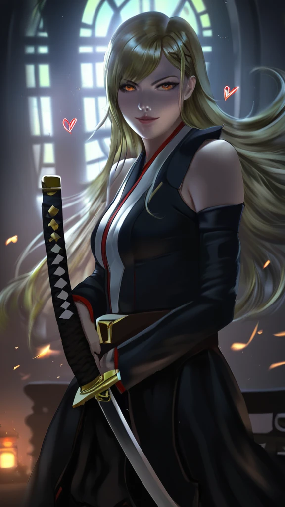 girl with long yellow hair, orange eyes, naughty face, shiny skin, sweating, holding sword, looking at viewer, floating hair, sunset, katana, rage pose condition aura, best quality, 8k, masterpiece, extremely detailed, photorealistic, cinematic lighting, vibrant colors, intricate details, solo, 1 girl, bare shoulders, detached sleeves, long sleeves, medium breasts, perfect anatomy, hearts, pleasured expression