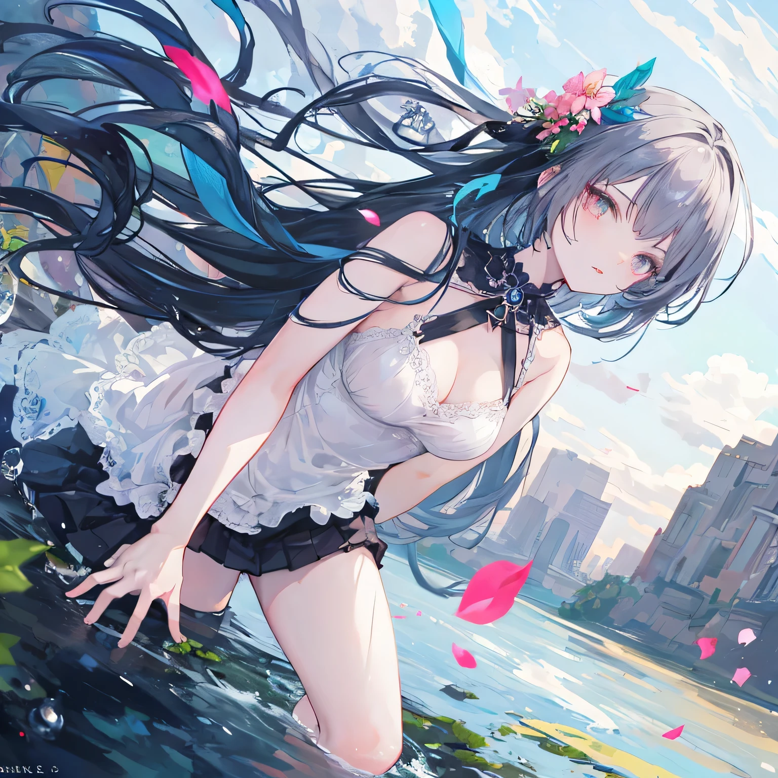 Beautiful woman, cute, A dignified expression, Transparency, gem, long hair, lingerie, skirt, Black Hair, Blue Hair, Silver Hair, fruits, flower,Cool, null, lake, The wind is blowing, Gradient Hair, First Person View, Ray Tracing, reflected light, Anime Style, masterpiece, Highest quality, Anatomically correct, Accurate, Super Detail, UHigh resolution, High resolution, Pink Lips, A slender, feminine face, White skin