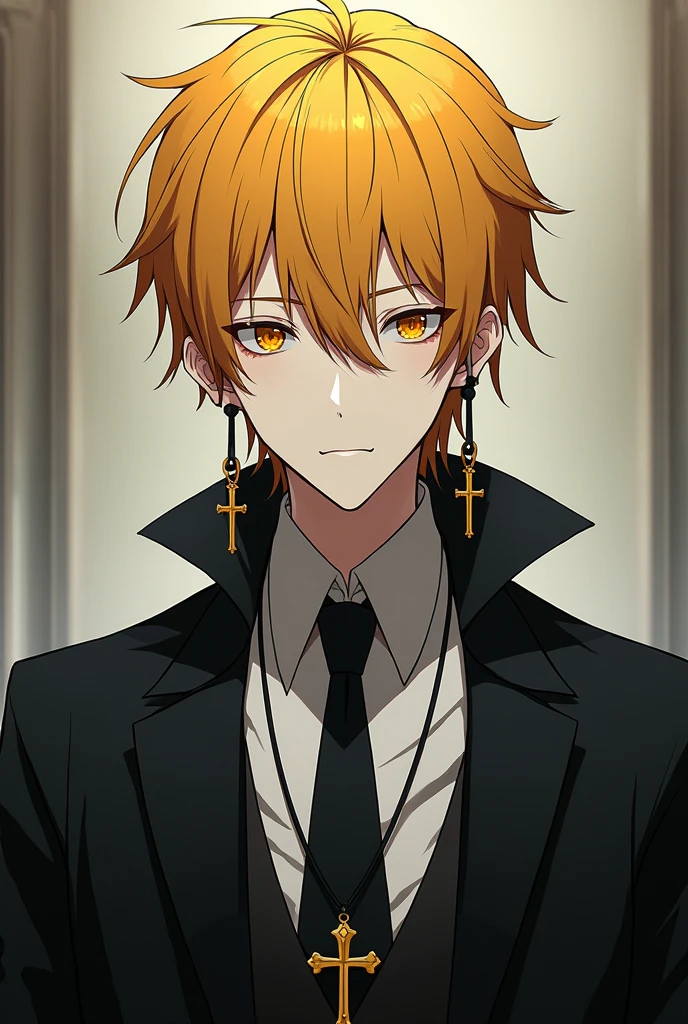 An anime style man with disheveled yellow hair and dark orange hunter eyes and pale skin color and tall with a formal attire with black cross earrings and a cross necklace
