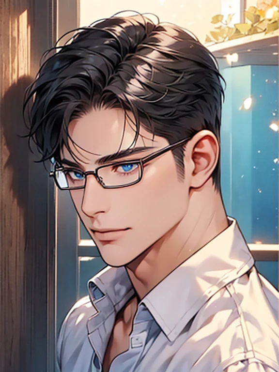 a man with black hair, blue eyes, and glasses wearing a white shirt, detailed facial features, realistic and high resolution, masterpiece, mugshot style against a wall background. CEO, Office home. Expression smile in love.