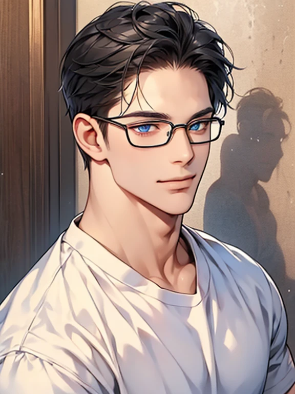 a man with black hair, blue eyes, and glasses wearing a white shirt, detailed facial features, realistic and high resolution, masterpiece, mugshot style against a wall background. CEO, Office home. Expression smile in love.