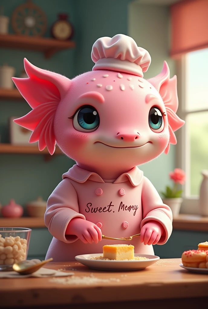 I need a Facebook cover with a pastry chef axolotl dressed in his pink blouse and saying Sweet Memory in his blouse, It is a pastry and catering business,