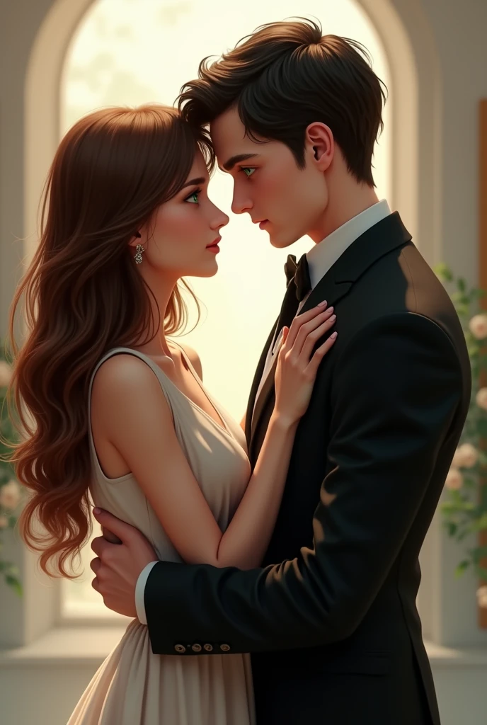 Man and woman holding hands, The woman with brown hair and brown eyes listening to the man in the black suit, black hair and green eyes