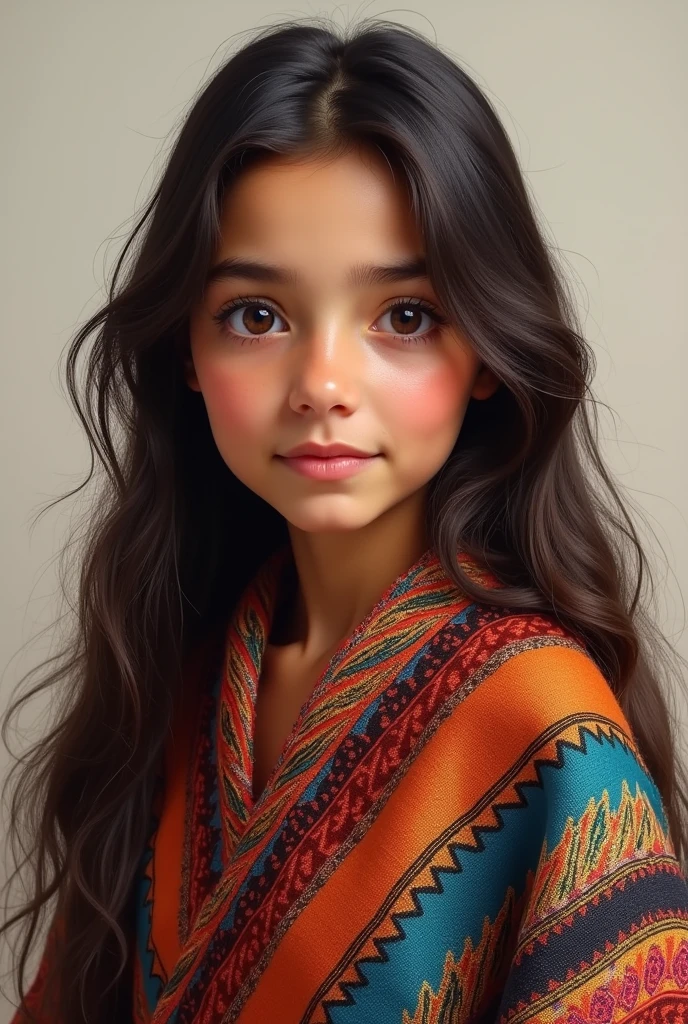 A realistic portrait of a young Franco-Bolivian girl facing the camera. She has a mix of European and Indigenous Andean features, with deep brown eyes, long dark brown hair, and a warm, slightly tanned complexion. She wears a traditional Bolivian woven shawl with vibrant patterns, blending modern and traditional elements. Her expression is calm and confident, with a slight smile. The background is a soft, neutral color, allowing her face and attire to stand out, capturing the blend of her rich cultural heritage."

This description will highlight her mixed heritage and cultural background