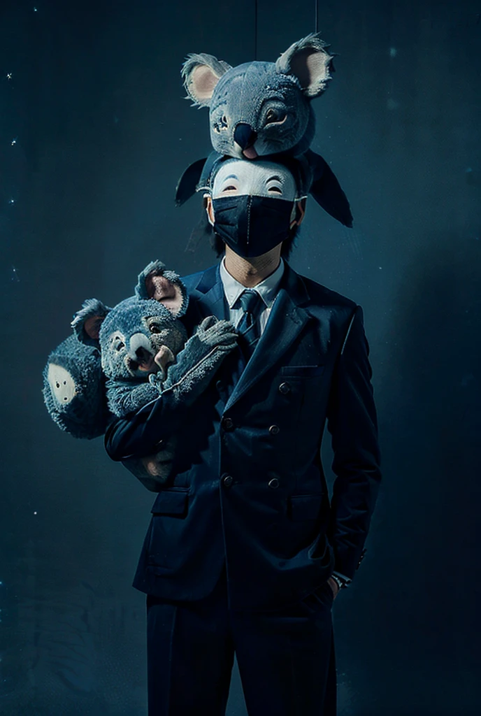 A man in a suit wearing a koala mask,
The suit is navy blue,
The background is dimly lit and dark