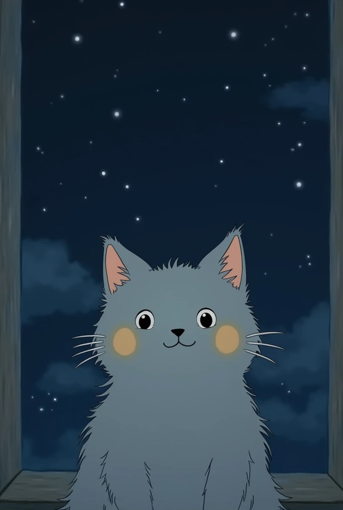 I want a wallpaper that has a grey cat with little beige spots on its face, I would like the background to be a window at night or something that reflects peace, I would like the drawing style to be like Studio Ghibli or anime, I want the drawings to be detailed and that when you see it, it reflects nostalgia and peace.