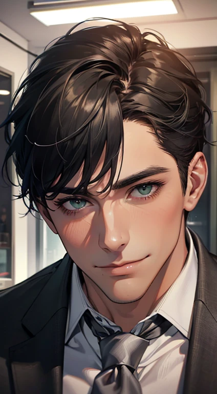 (Highest quality,4K,8K,High resolution,masterpiece:1.2),Super detailed,(Realistic,photoRealistic,photo-Realistic:1.37),1 personld,Mature Men,Beautiful skin、very handsome,Expressionless smile in love,Short gray black hair,green eyes,Sharp Eyes,A perfect face without a doubt,Businessman, CEO, Office Background,Cinema Lighting,HDR image,tie、