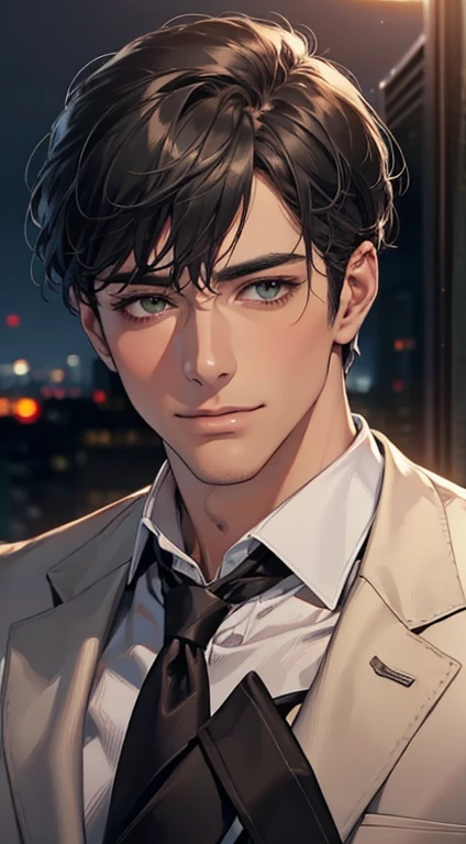 (Highest quality,4K,8K,High resolution,masterpiece:1.2),Super detailed,(Realistic,photoRealistic,photo-Realistic:1.37),1 personld,Mature Men,Beautiful skin、very handsome,Expressionless smile in love,Short gray black hair,green eyes,Sharp Eyes,A perfect face without a doubt,Businessman, CEO, Office Background,Cinema Lighting,HDR image,tie、