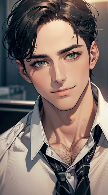 (Highest quality,4K,8K,High resolution,masterpiece:1.2),Super detailed,(Realistic,photoRealistic,photo-Realistic:1.37),1 personld,Mature Men,Beautiful skin、very handsome,Expressionless smile in love,Short gray black hair,green eyes,Sharp Eyes,A perfect face without a doubt,Businessman, CEO, Office Background,Cinema Lighting,HDR image,tie、