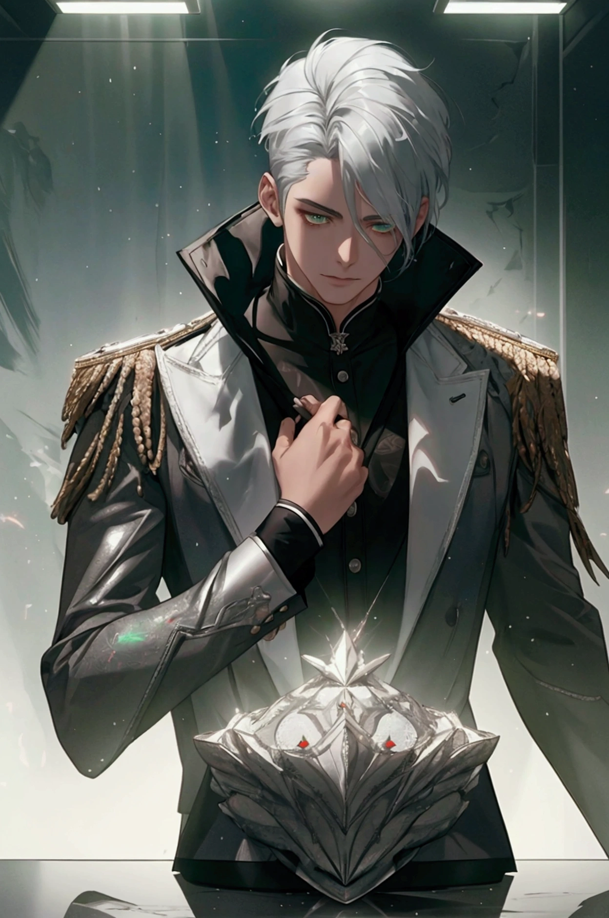 BOY, WHITE HAIR, SILVER HAIR, BLACK HAIR SHAPED, GREEN eyes, 8k, super detail, best quality, high details, Rough, Shimmering, Ray Tracing Reflections, Lumen Reflections, Octane render, dramatic lighting