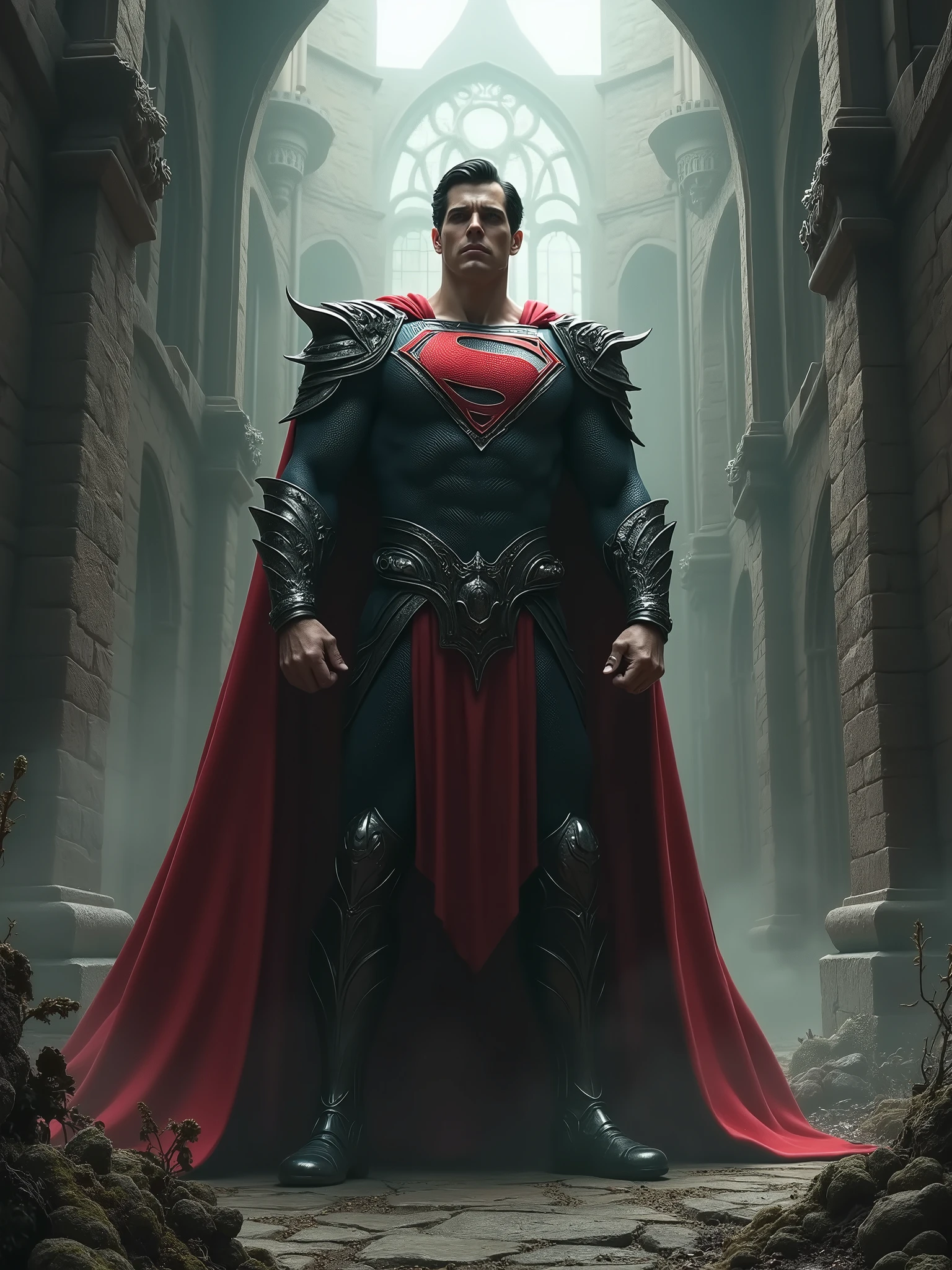Superman as a lord of a medieval castle in the middle age and use dark themes