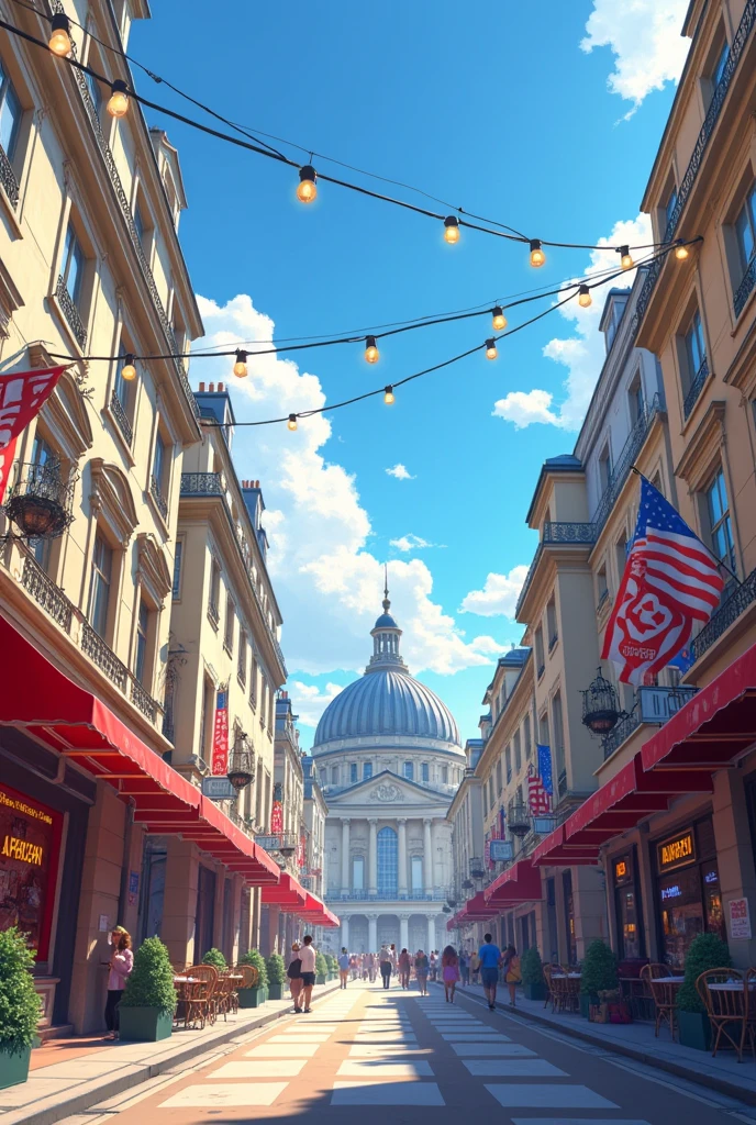 Animation 3D manga d'une rue parisienne en plein jour, avec une salle de spectacle élégante en arrière-plan. Les guirlandes lumineuses sont visibles mais éteintes en raison de la lumière du jour. Le ciel est clair, avec des reflets ensoleillés illuminant les bâtiments. Quelques instruments de musique sont discrètement. couleurs vibrantes
un drapeau américain sur une affiche