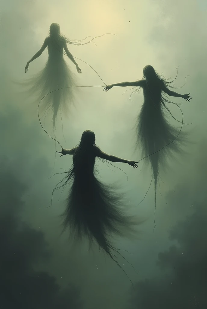 A painting of 3 silhouettes flying apart, attached with a cord to maintain together