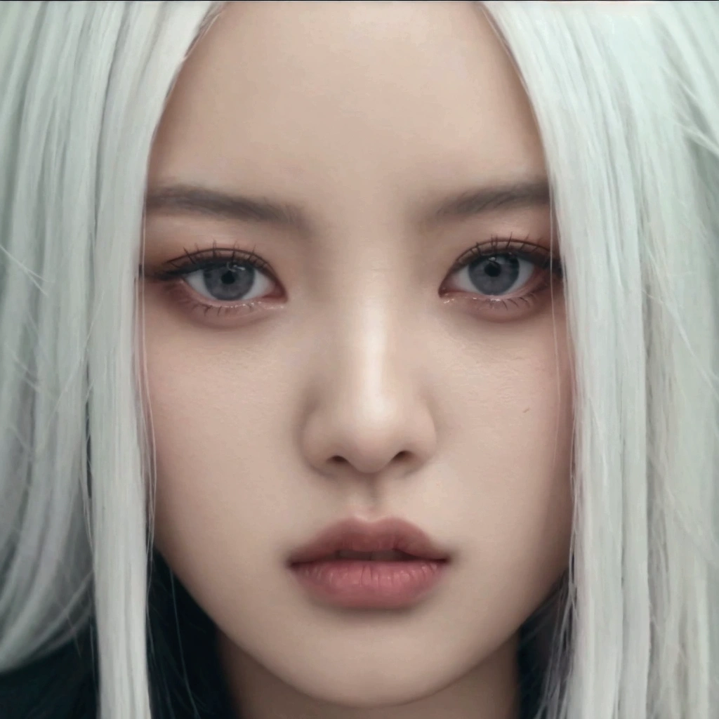 a close up of a woman with long white hair and a black jacket, jossi do blackpink, portrait of jossi do blackpink, parque roseanne de blackpink, jennie blackpink, Jisoo do Blackpink, her face looks like an orchid, look aside, Jisoo do Blackpink, thousand yard stare, intense stare, retrato da jisoo do blackpink, close up face, huge-eyed