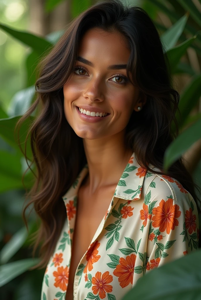 A Brazilian woman in a lush tropical garden, wearing an open shirt with a floral print, with a close-up capturing the harmonious beauty between her breasts and the natural flowers, showing off your natural charm and outgoing personality.