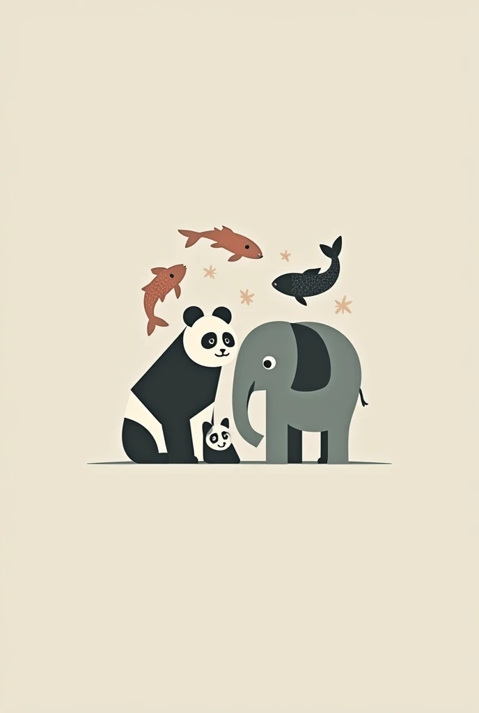 A minimalist panda logo, un tanuki, an elephant and koi fish with a dull color