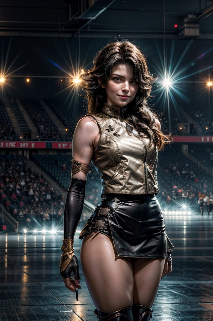 (masterpiece, best quality:1.2), cowboy shot, solo, 1girl, cinder fall, evil smile, looking at viewer, long hair, t-shirt, white skirt, sleeveless jacket, elbow gloves, pantyhose, standing inside sport stadium, flame in hand, spectators, crowd (volumetric lighting), sharp focus, hyper detailed