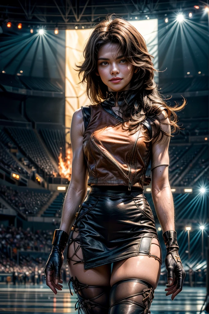 (masterpiece, best quality:1.2), cowboy shot, solo, 1girl, cinder fall, evil smile, looking at viewer, long hair, t-shirt, white skirt, sleeveless jacket, elbow gloves, pantyhose, standing inside sport stadium, flame in hand, spectators, crowd (volumetric lighting), sharp focus, hyper detailed 