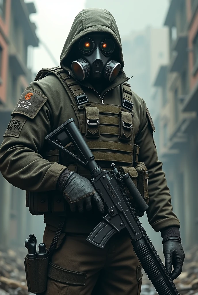 Special forces soldier equipped with a shotgun and a gas mask