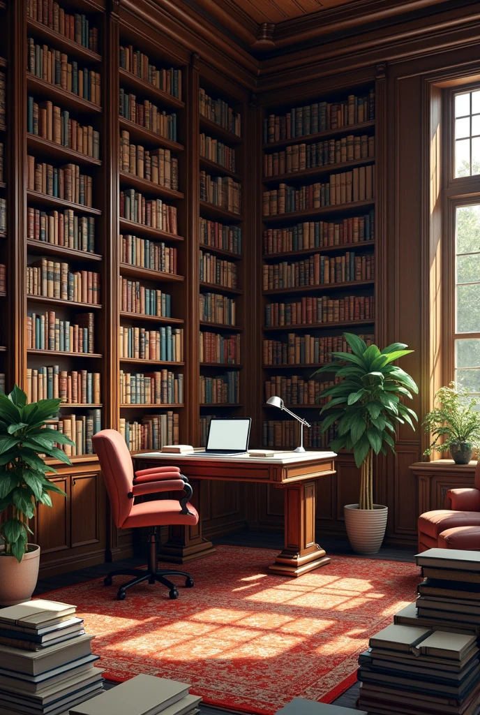 Captures the image of a library, full wall, five-bar high, completely lined with books of different formats that covers the four walls of a living room. A desk with an executive chair and an open laptop on the desk table is seen.; and on the floor, columns of books piled high . All of the above, a full color.