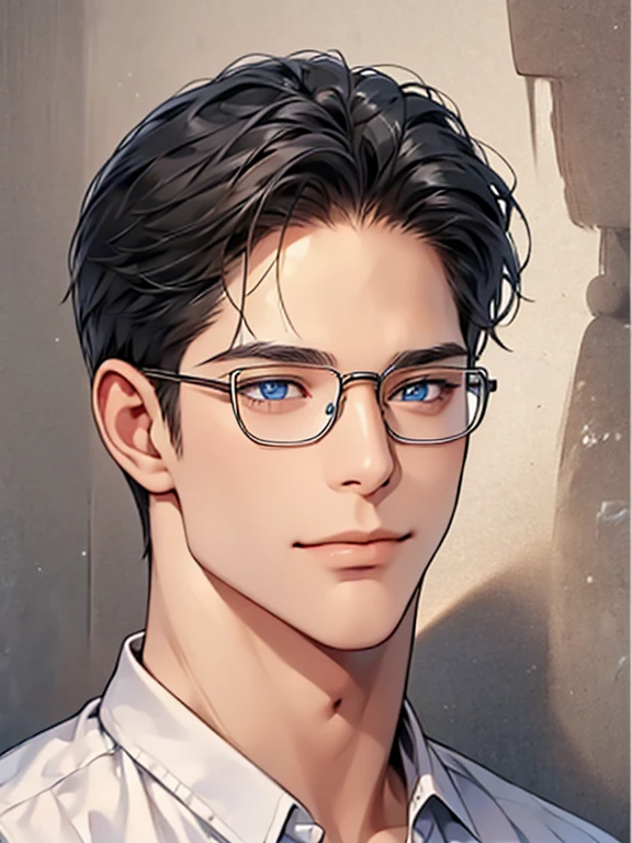 a man with black hair, blue eyes, and glasses wearing a white shirt, detailed facial features, realistic and high resolution, masterpiece, mugshot style against a wall background. CEO, Office home. Expression smile in love. Mansion