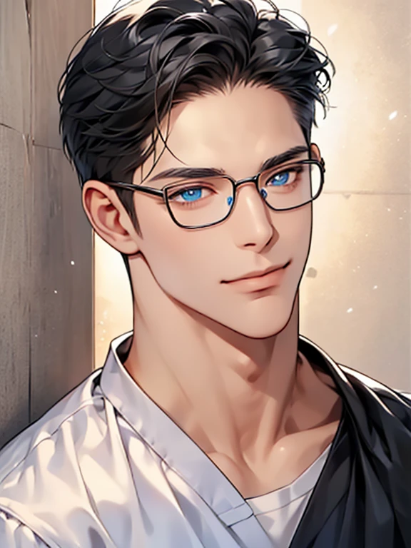 a man with black hair, blue eyes, and glasses wearing a white shirt, detailed facial features, realistic and high resolution, masterpiece, mugshot style against a wall background. CEO, Office home. Expression smile in love. Mansion