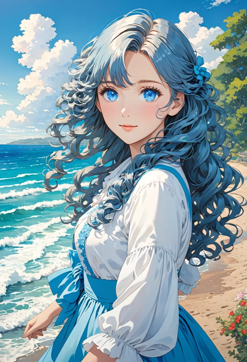 Anime image of a girl. Long Veronica hair. Blue eyes. Near the sea. Curly silky hair,
