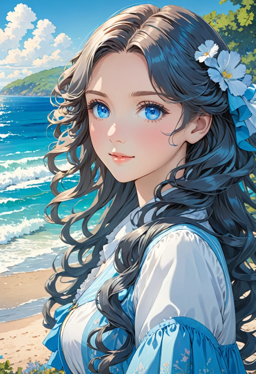 Anime image of a girl. Long Veronica hair. Blue eyes. Near the sea. Curly silky hair,