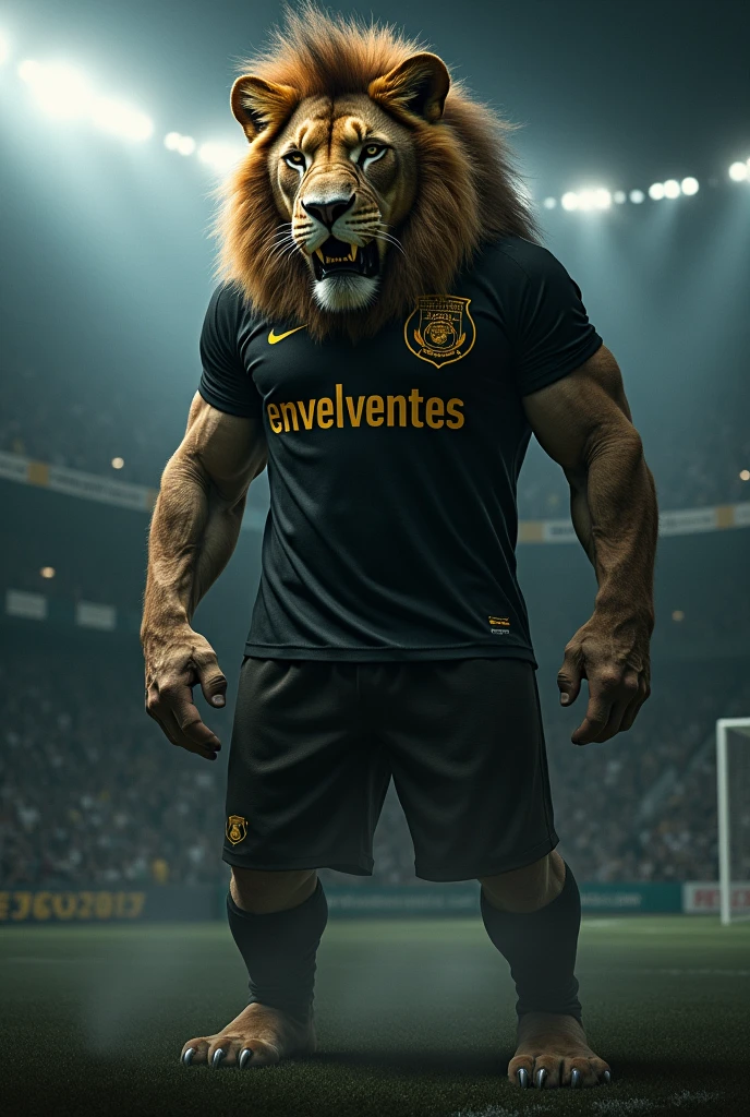 A great lion, very strong, standing as if he were human, stark, Jumpy face, snarling, showing teeth, Jumpy, around one of the lions' The lion wears a black and gold shirt and on the right chest it says ENVELVENTES in gold with a black outline.. Background of a football field at night , Void, grimdark.