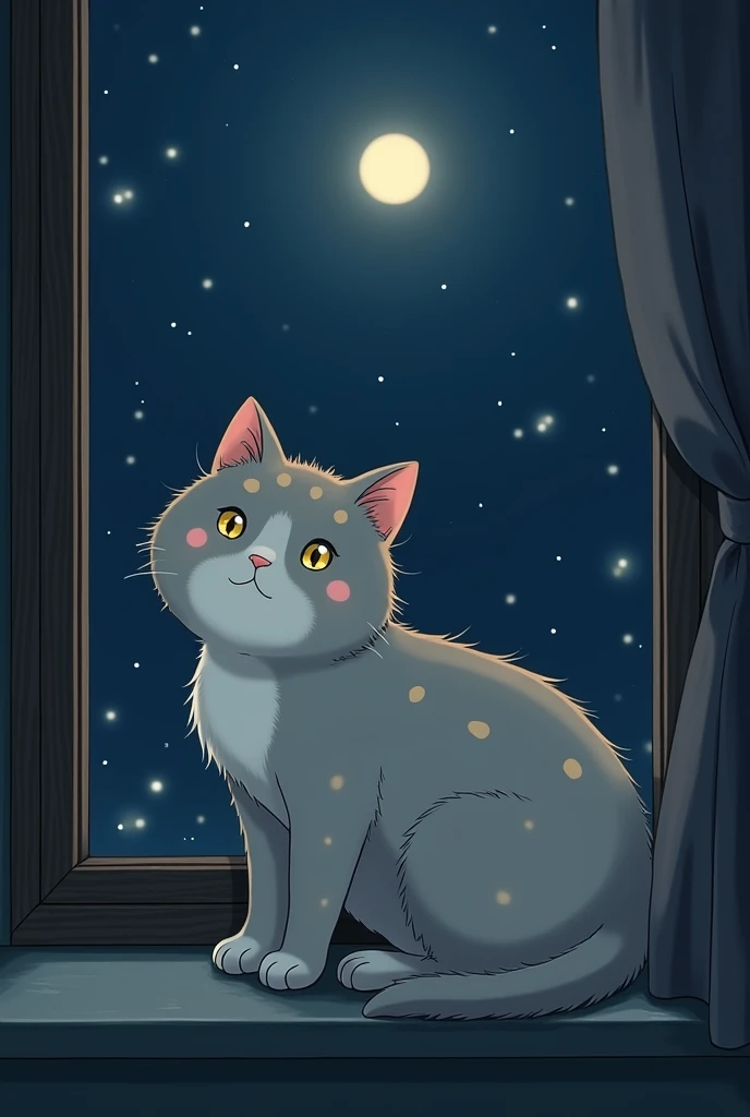 I want a wallpaper that has a grey cat with little beige spots on its face, I would like the background to be a window at night or something that reflects peace, I would like the drawing style to be like Studio Ghibli or anime, I want the drawings to be detailed and that when you see it, it reflects nostalgia and peace.. I would like the image to have a more adult style, not so