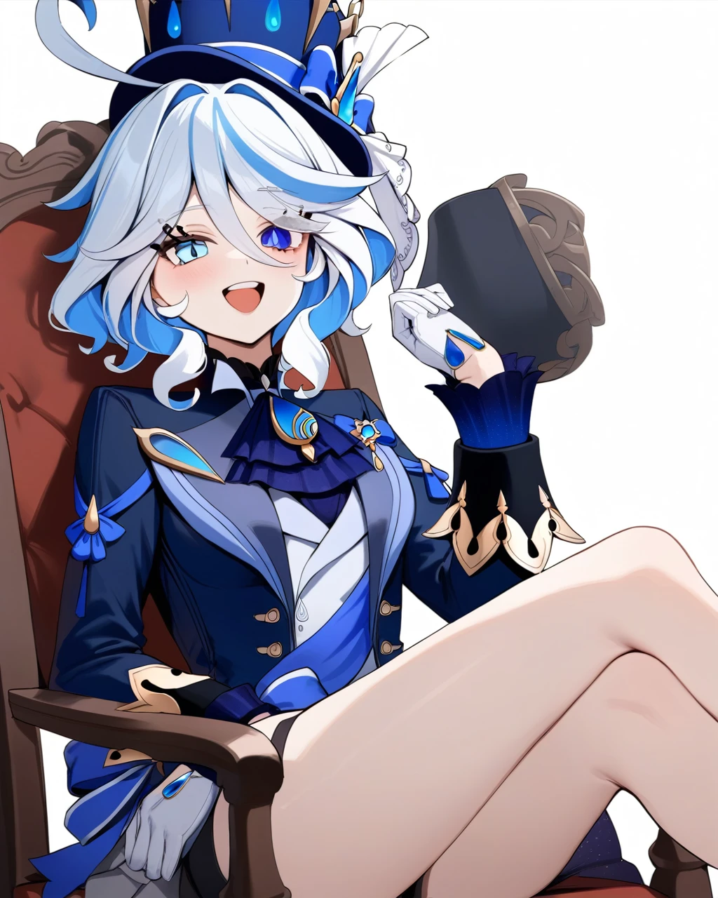masterpiece,best quality,1girl, furina \(genshin impact\), genshin impact, cowlick, top hat, blue jacket, blue ascot, blue brooch, kodona, simple background, open mouth, blue headwear, streaked hair, upper teeth only, solo, long hair, light blue hair, white background, smile, white hair, ahoge, mismatched gloves, white gloves, long sleeves, hair between eyes, blue gemstone, large breasts, sitting in a chair, legs crossed