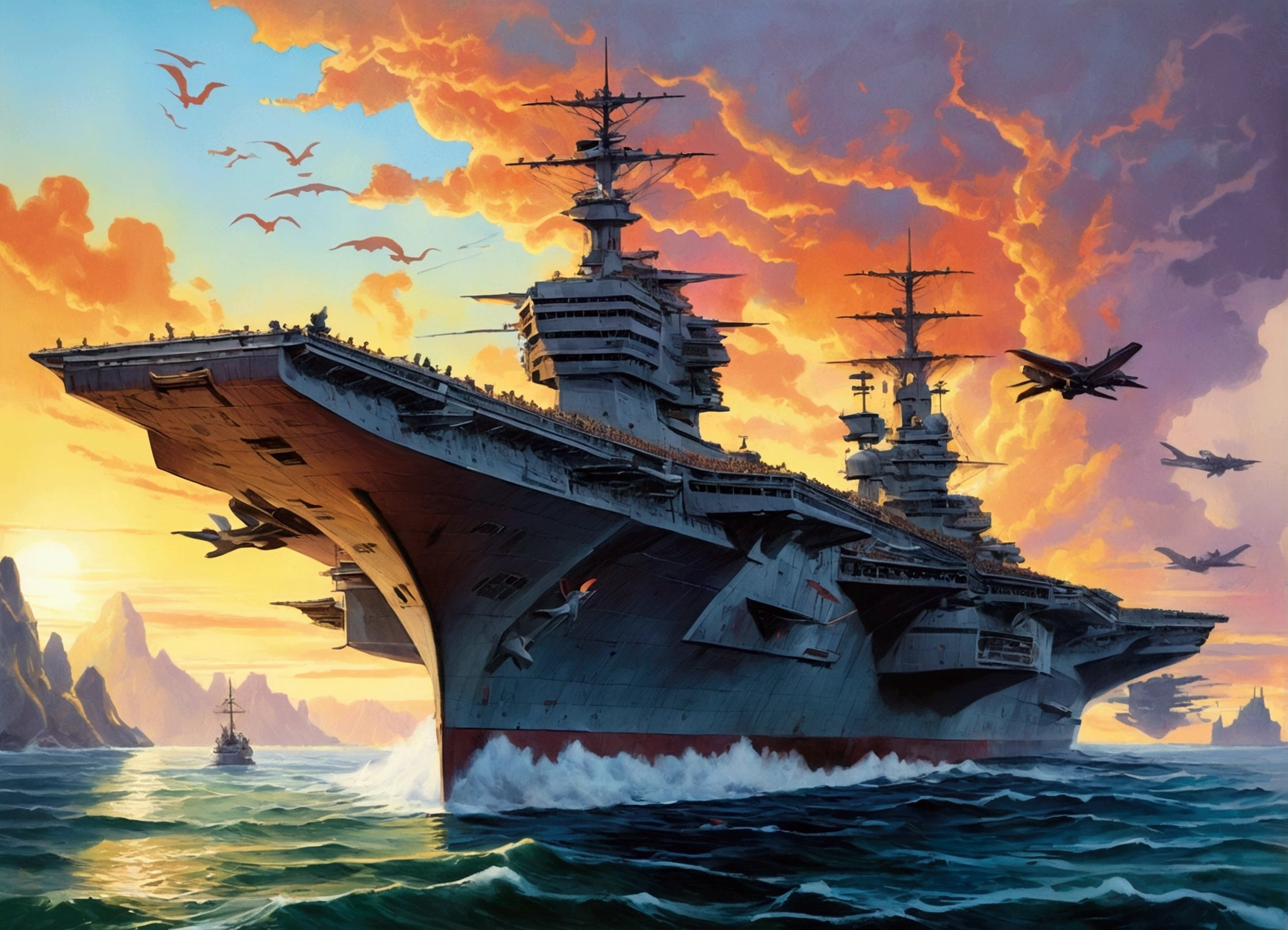 An illustrated landscape poster, hand-drawn, full color, a medieval fantasy aircraft carrier for dragon riders, stencil marks, airbrushed acrylic paint, masterpiece, in the style of Drew Struzan 