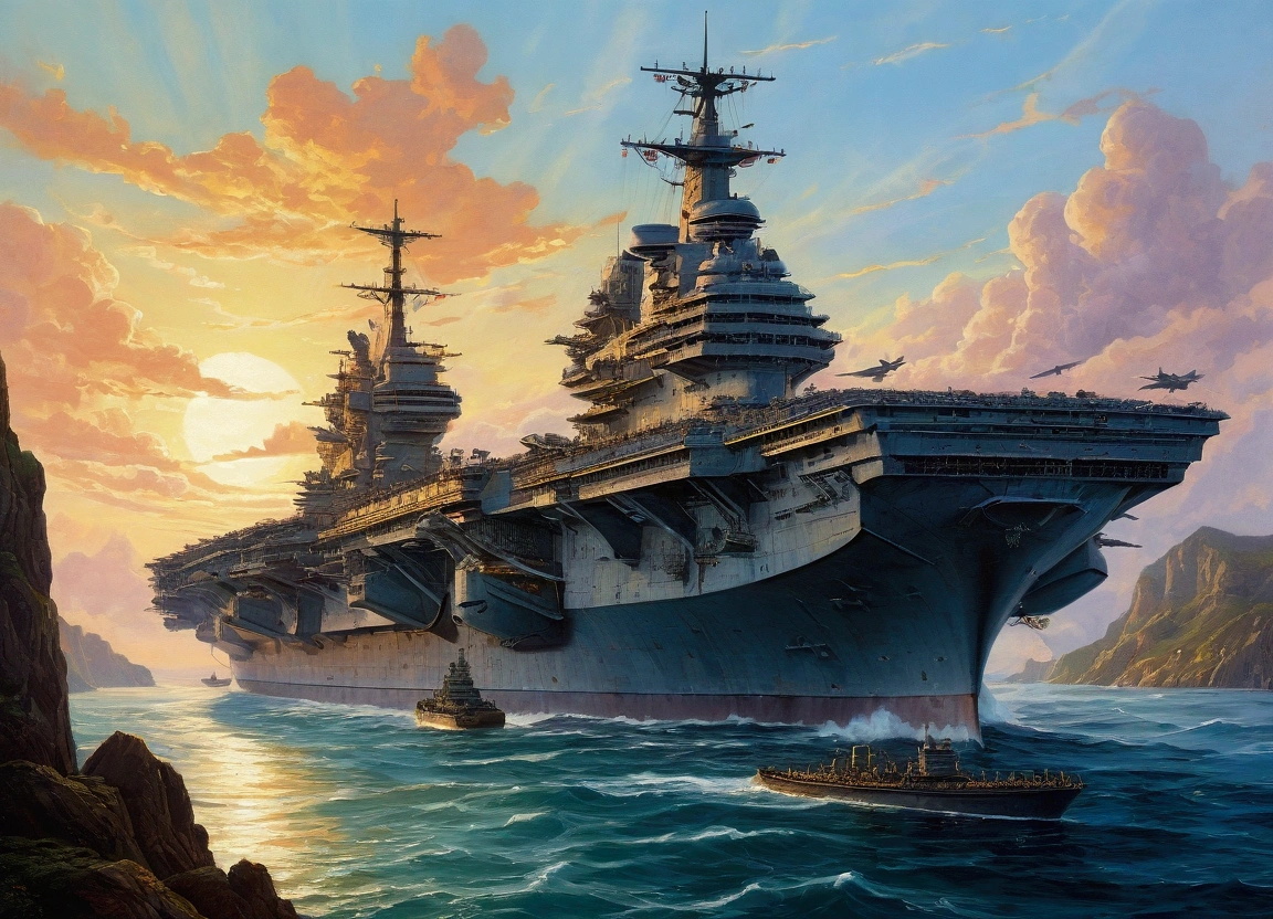An illustrated landscape poster, hand-drawn, full color, a medieval fantasy aircraft carrier for dragon riders, stencil marks, airbrushed acrylic paint, masterpiece, in the style of Drew Struzan