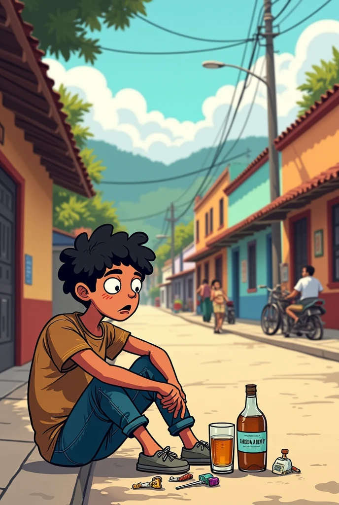 Simple cartoon drawing not very difficult to draw of a drunken teenager on the street of an indigenous town sitting on the sidewalk consuming drugs and alcohol, keeping the background of this image