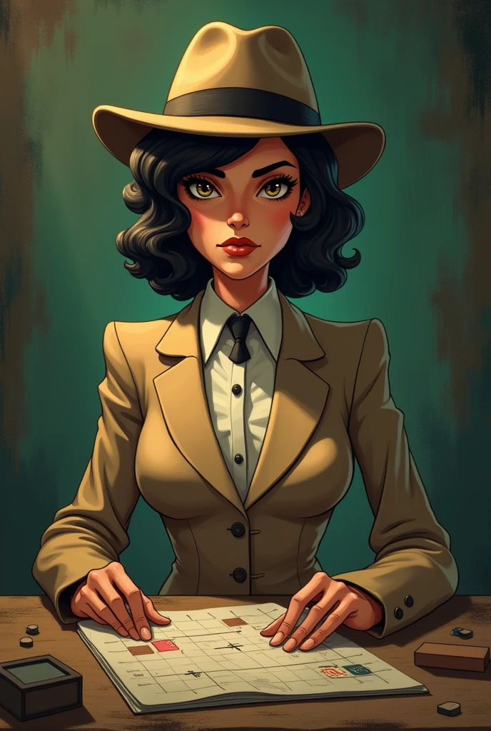 Math Teresa in cartoon board game mafia style in dark beige and green background