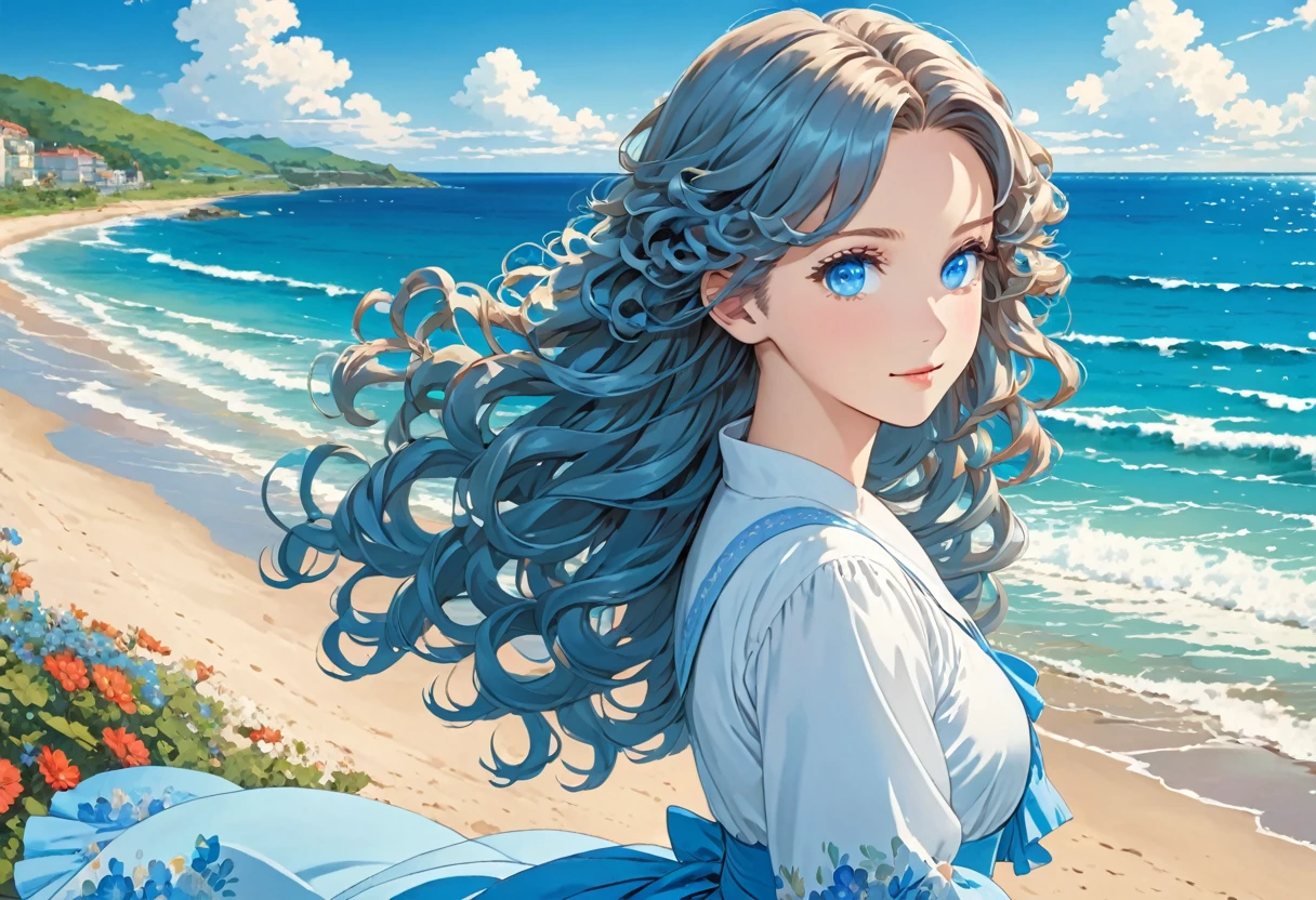 Anime image of a girl. Long Veronica hair. Blue eyes. Near the sea. Curly silky hair,