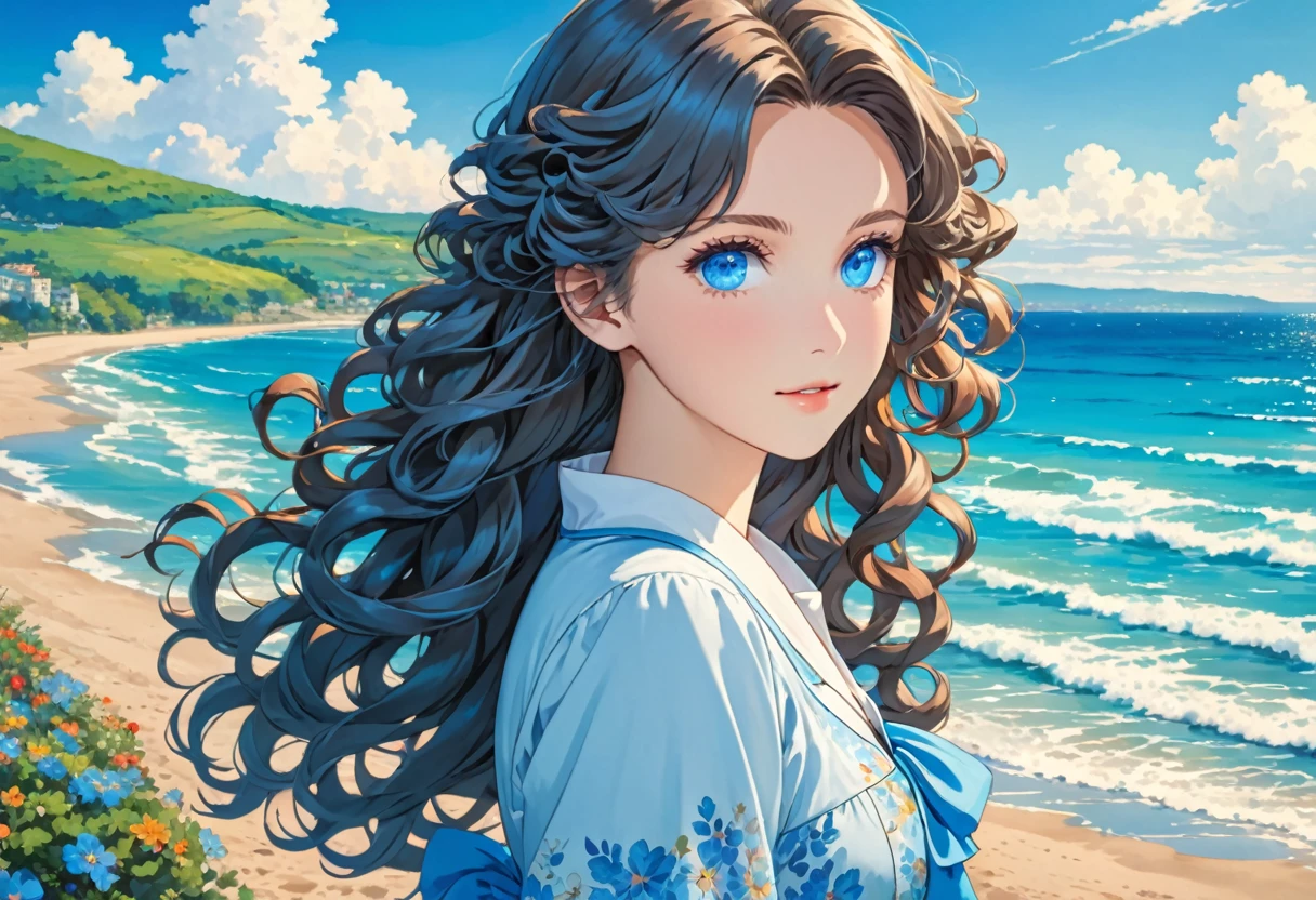 Anime image of a girl. Long Veronica hair. Blue eyes. Near the sea. Curly silky hair,
