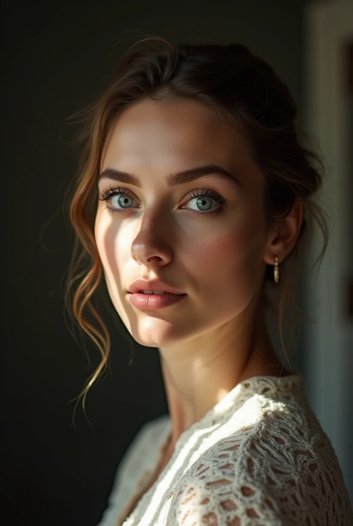 Zofia Nowacka, A portrait shot frames the subject's oval-shaped face with soft, natural lighting accentuating her features. The camera is positioned slightly above eye level, capturing a profile view of her well-defined jawline and pointed chin. Her medium-height forehead and medium-density eyebrows guide attention to her striking blue eyes, almond-shaped and measuring 3 cm by 1.2 cm. Long eyelashes add depth, while the overall composition evokes a sense of serenity.
