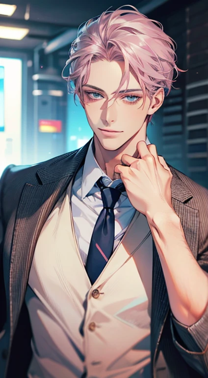 (Highest quality,4K,8K,High resolution,masterpiece:1.2),Super detailed,(Realistic,photoRealistic,photo-Realistic:1.37),1 personld,Mature Men,Beautiful skin、very handsome,Expressionless,smile,Short gray pink hair,blue eyes,Sharp Eyes,A perfect face without a doubt,Businessman,Office Background,Cinema Lighting,HDR image,tie、