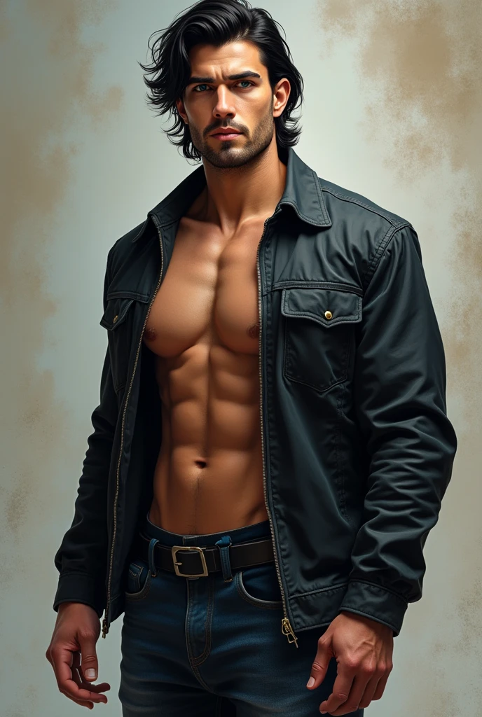A tall muscular young man in clothes, her skin is brown, with wavy black hair and blue eyes